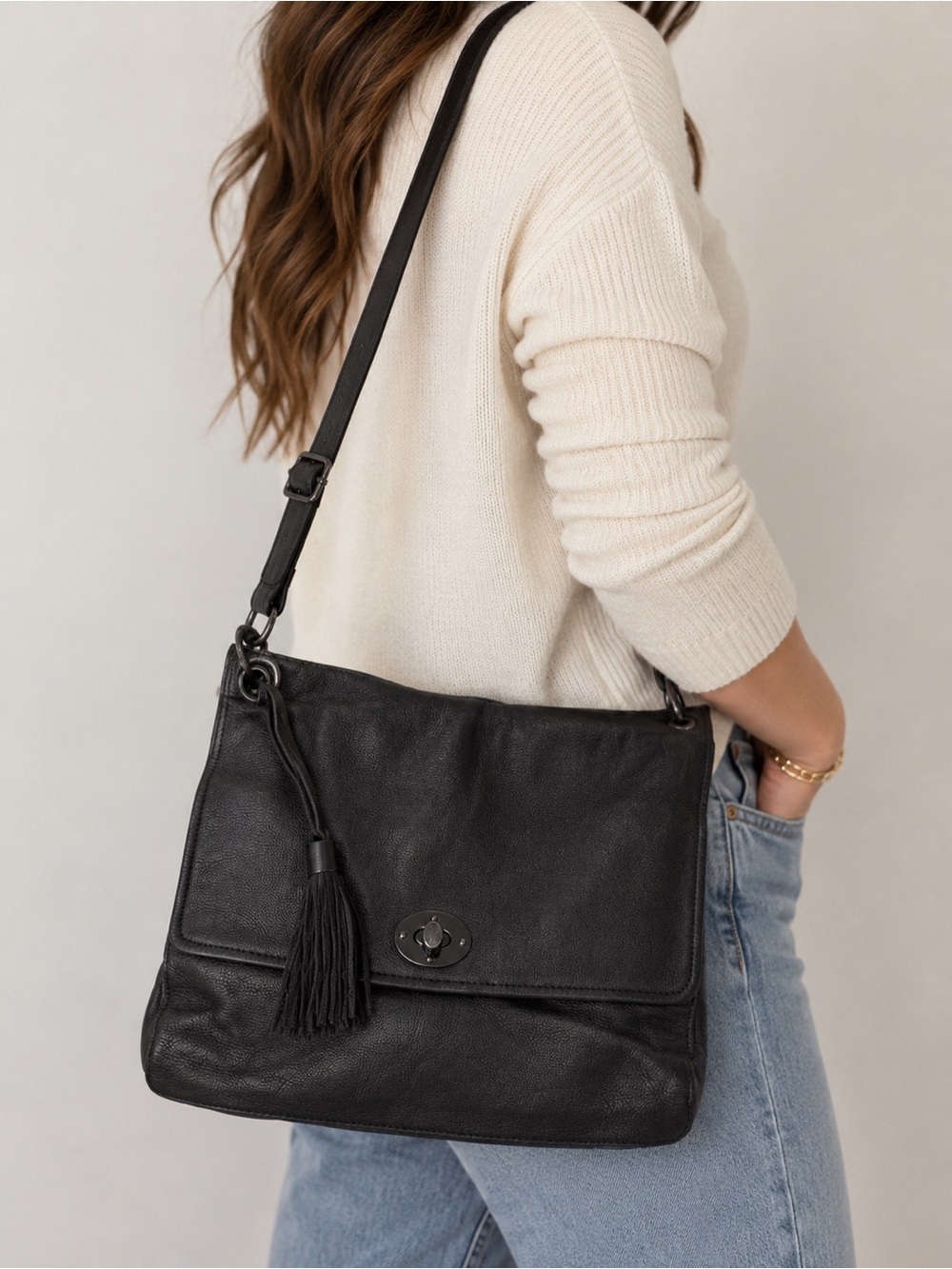 Clements Ribeiro Black Leather Tassel Crossbody Shoulder Bag